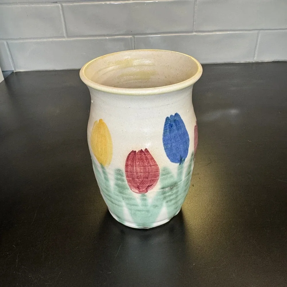 Hartle Pottery Vase Home Decor Small Cream Multi Color Hand Painted Tulips